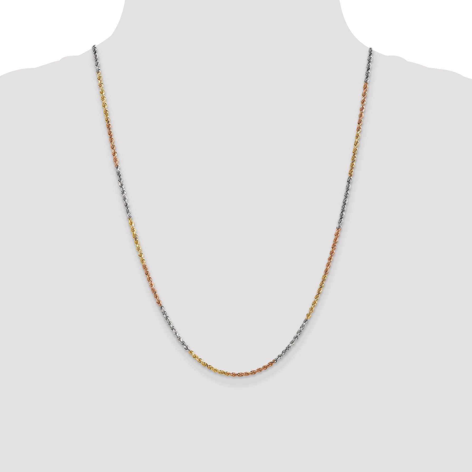 14K Tri-colored 24 inch 2.5mm Diamond-cut Rope with Lobster Clasp Chain