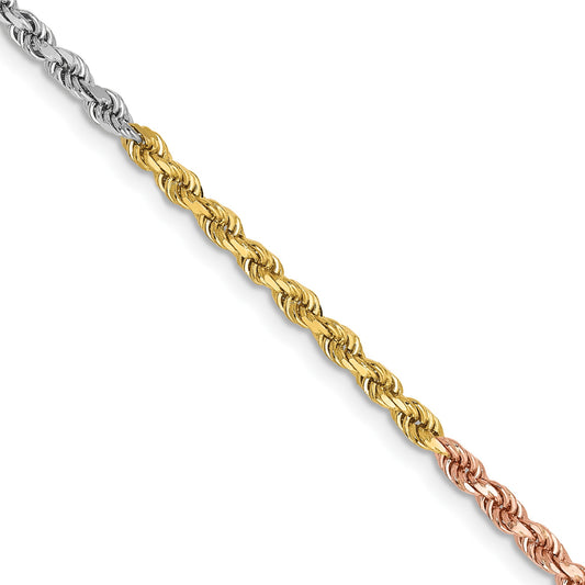 14K Tri-colored 22 inch 2.5mm Diamond-cut Rope with Lobster Clasp Chain