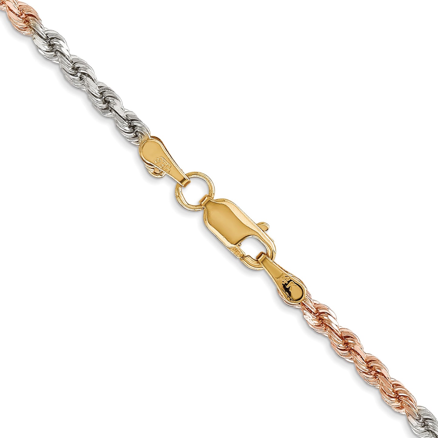 14K Tri-colored 16 inch 2.9mm Diamond-cut Rope with Lobster Clasp Chain