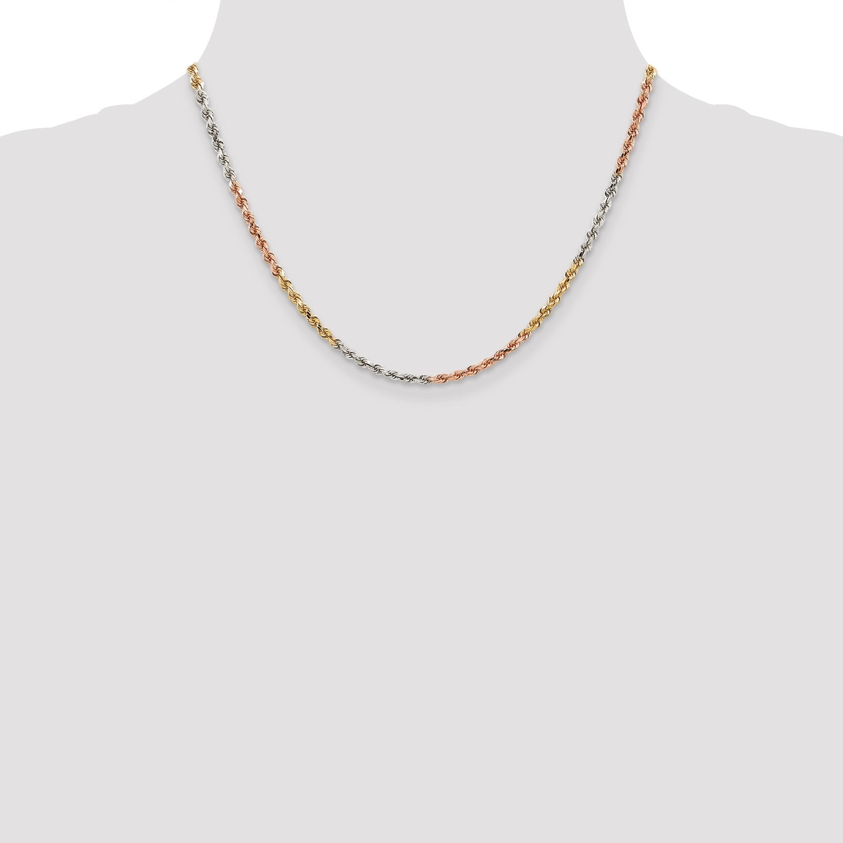 14K Tri-colored 18 inch 2.9mm Diamond-cut Rope with Lobster Clasp Chain
