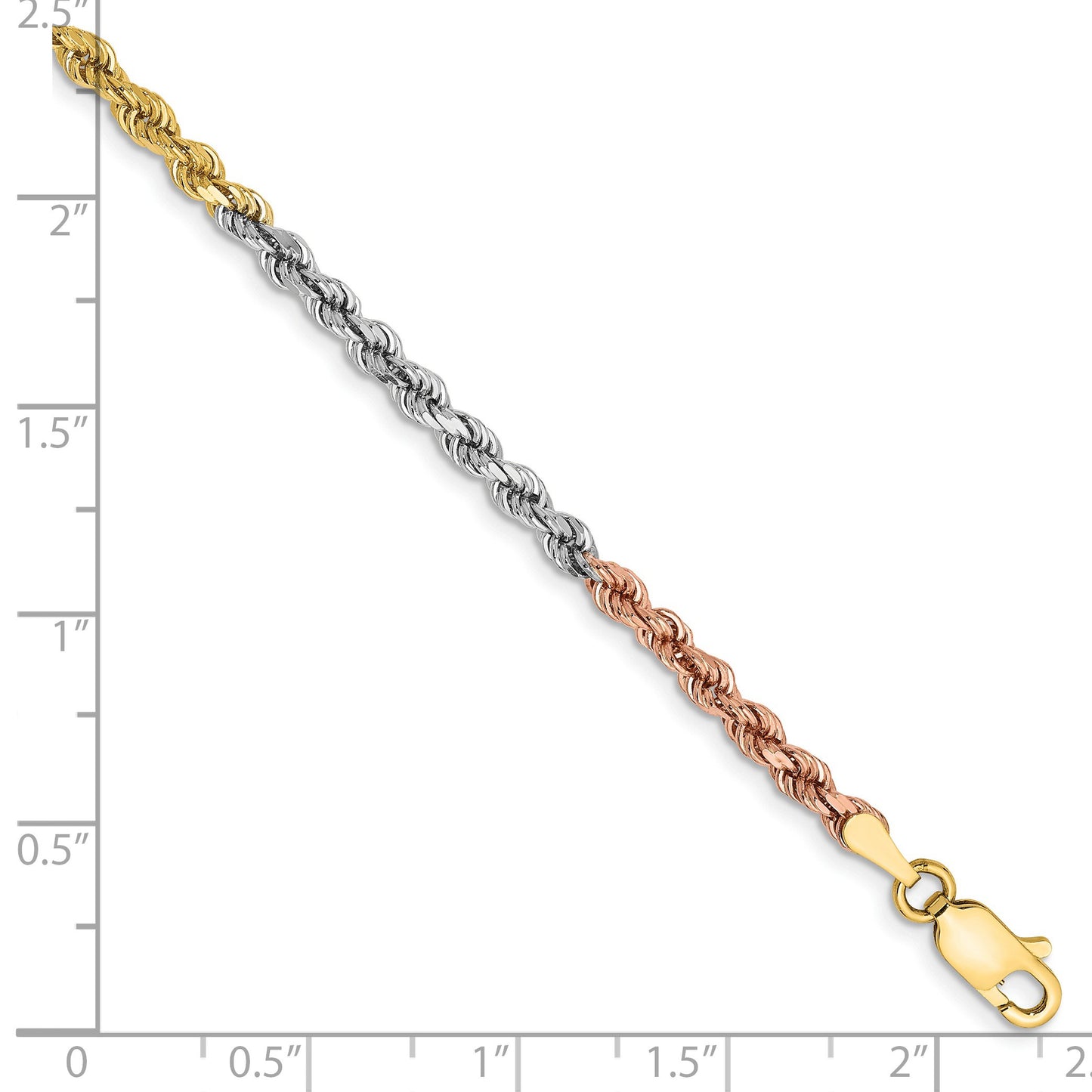 14K Tri-colored 7 inch 2.9mm Diamond-cut Rope with Lobster Clasp Chain