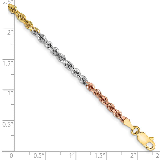 14K Tri-colored 7 inch 2.9mm Diamond-cut Rope with Lobster Clasp Chain
