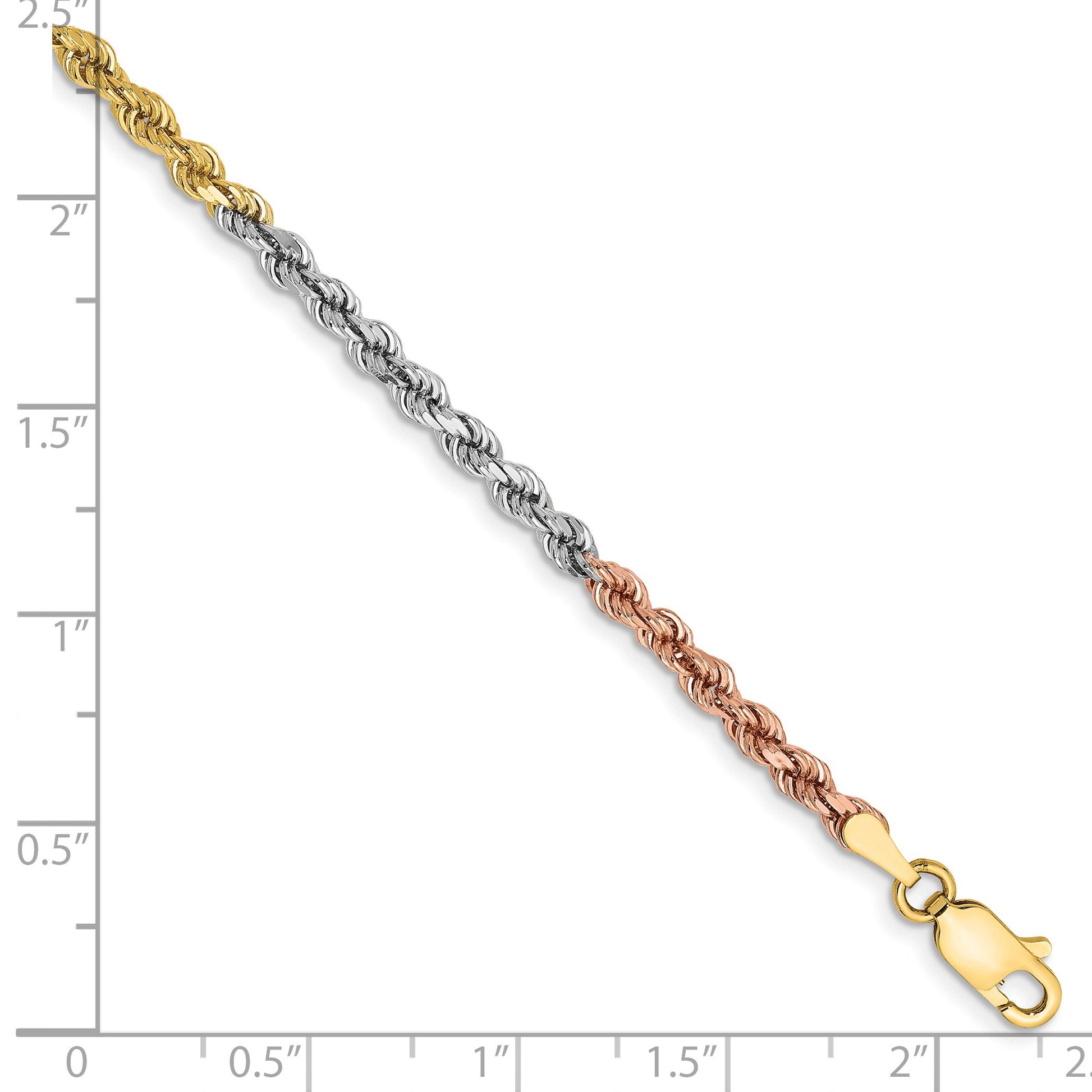 14K Tri-colored 8 inch 2.9mm Diamond-cut Rope with Lobster Clasp Chain