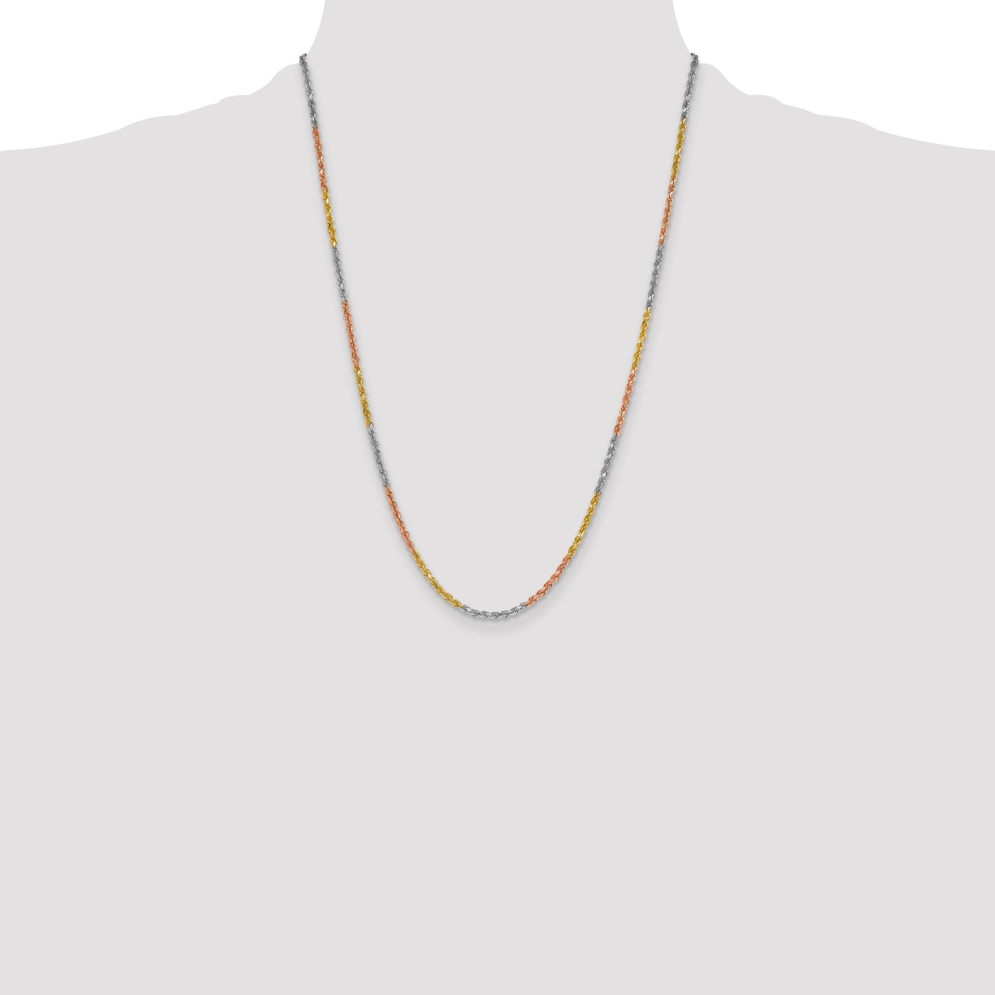 14K Tri-colored 24 inch 3mm Diamond-cut Rope with Lobster Clasp Chain