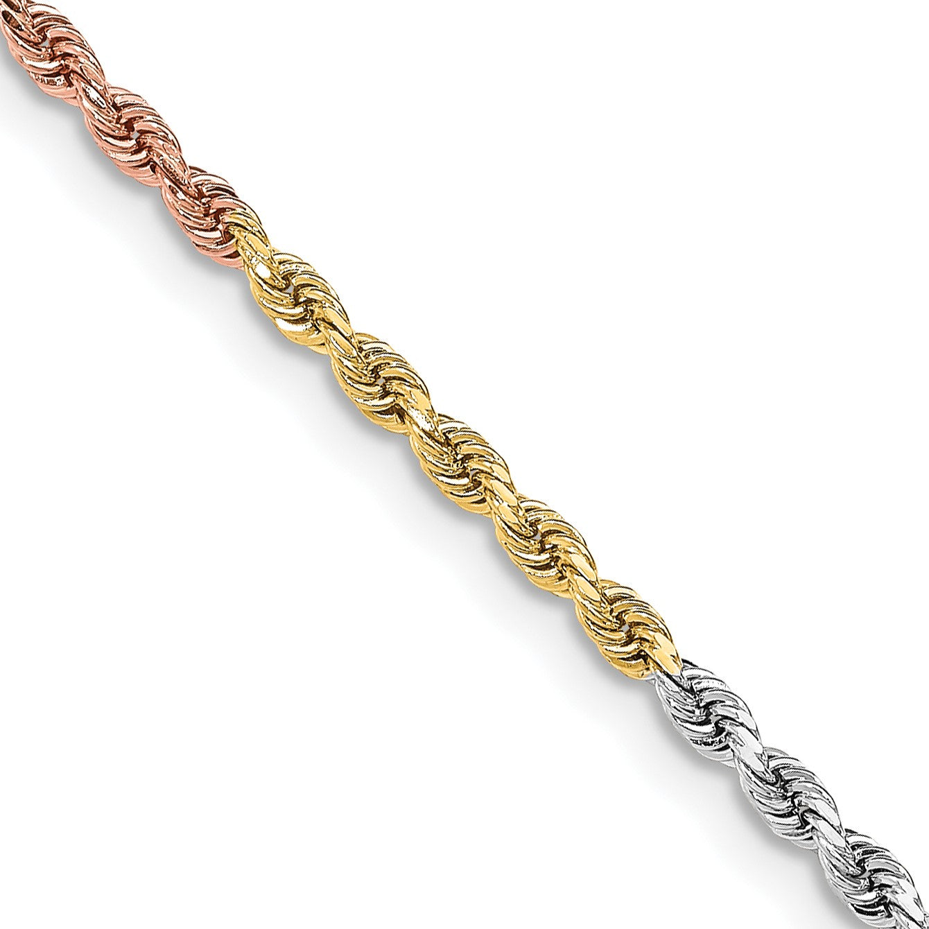 14K Tri-colored 24 inch 3mm Diamond-cut Rope with Lobster Clasp Chain