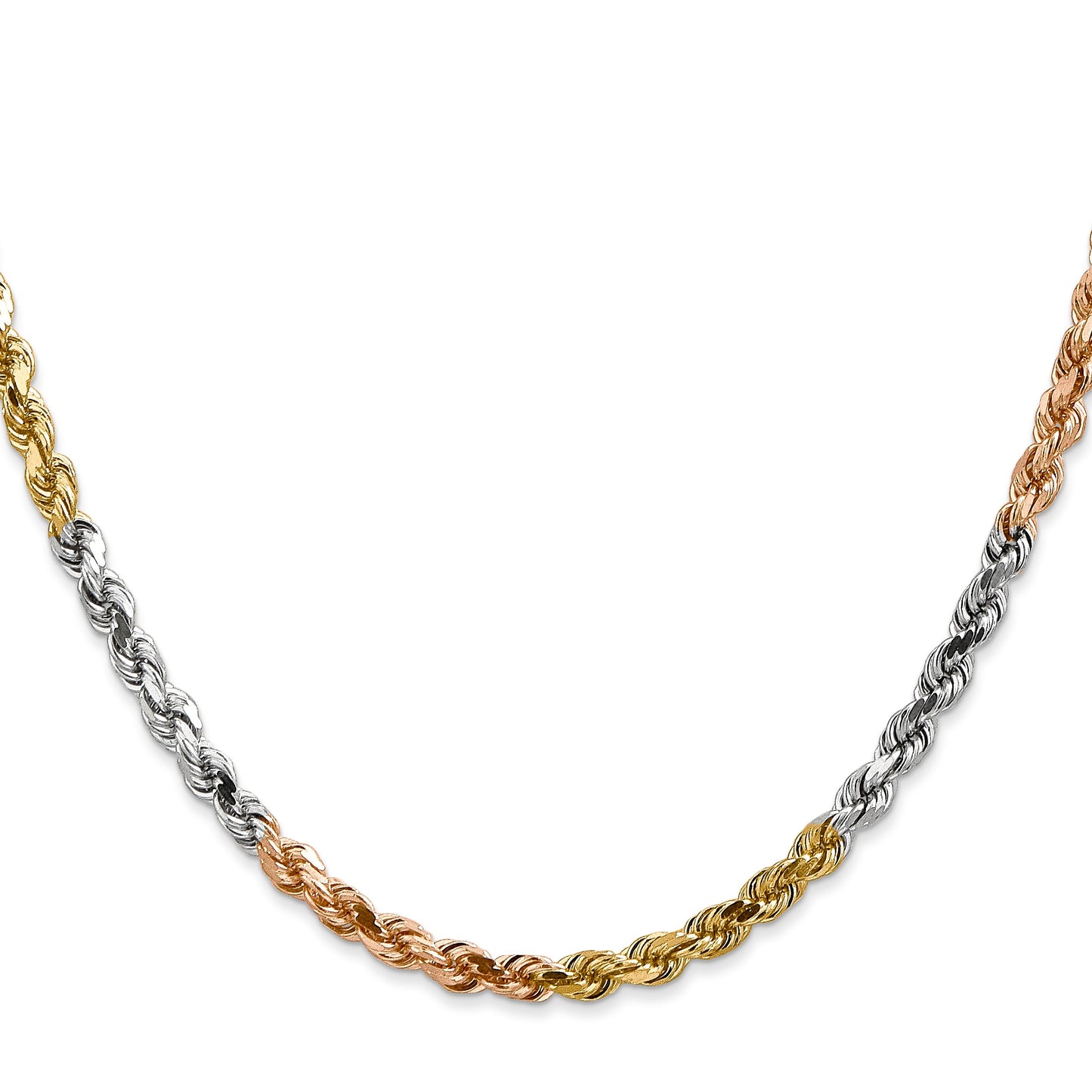 14K Tri-colored 20 inch 4mm Diamond-cut Rope with Lobster Clasp Chain