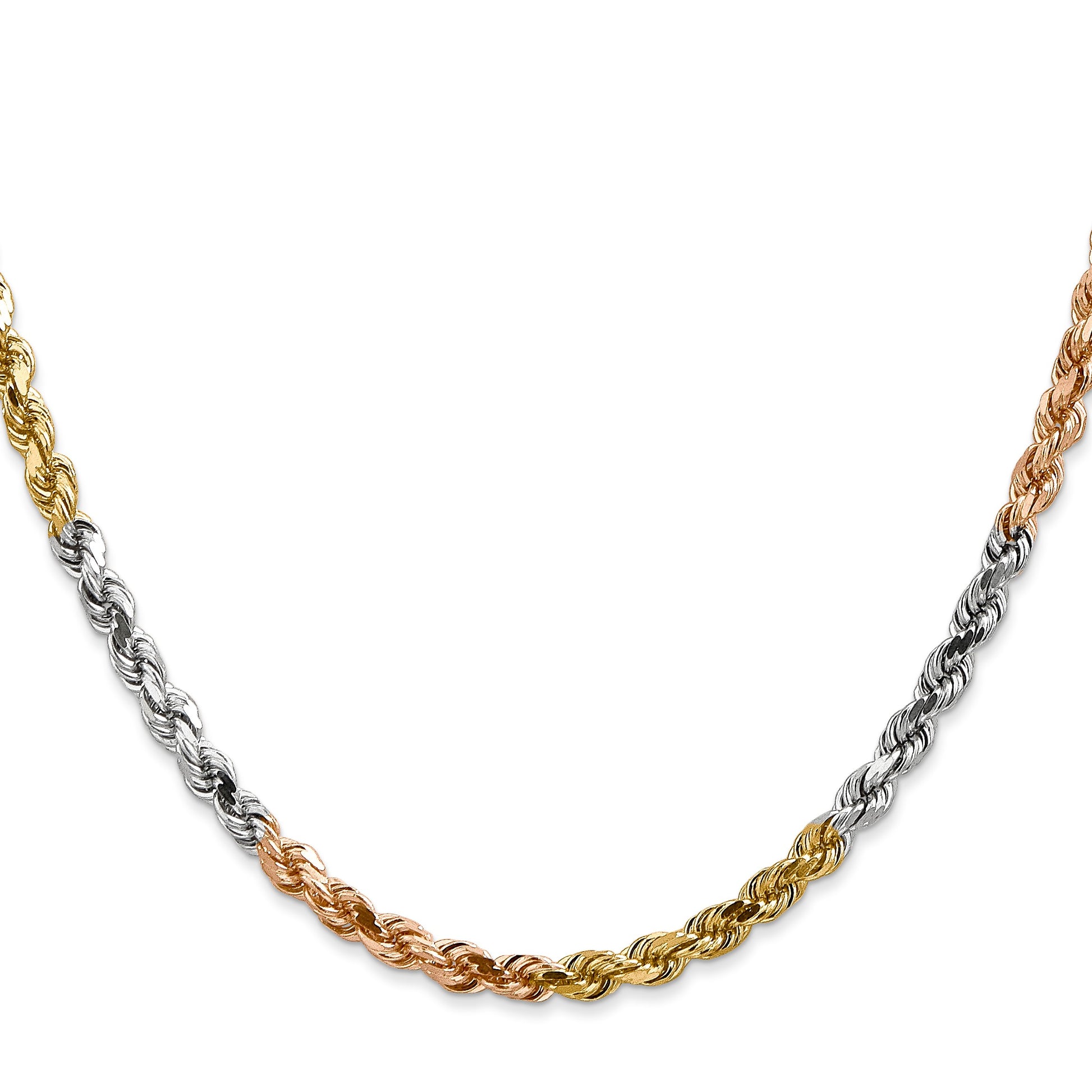 14K Tri-colored 20 inch 4mm Diamond-cut Rope with Lobster Clasp Chain