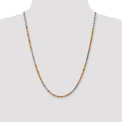 14K Tri-colored 24 inch 4mm Diamond-cut Rope with Lobster Clasp Chain
