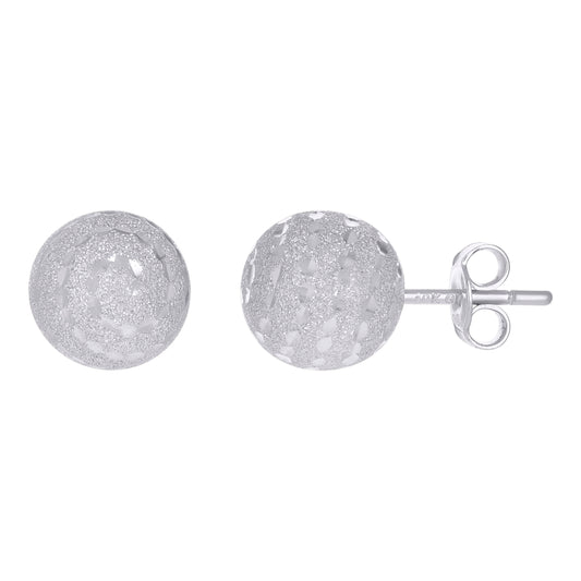 10kt White Gold Diamond-Cut 10mm Ball Stud Earrings