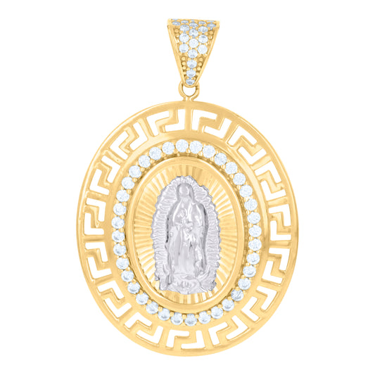 10k Two-tone Gold CZ Greek Key Border Oval Medallion Guadalupe Religious Pendant