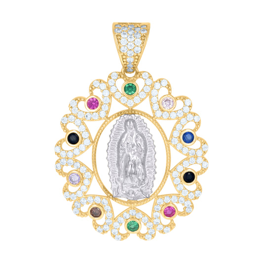 10k Two-tone Gold Cubic-Zirconia Oval Medallion Guadalupe Religious Pendant