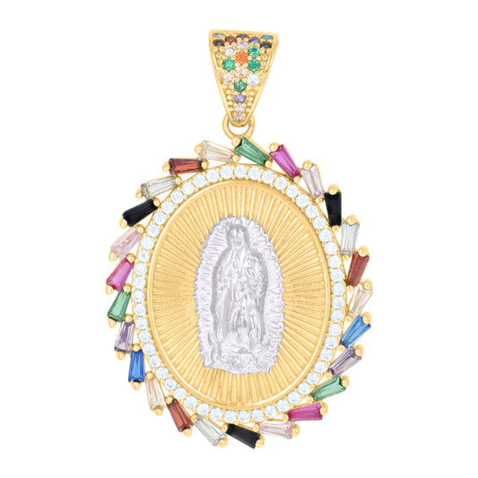 10k Two-tone Gold Cubic-Zirconia Oval Medallion Guadalupe Religious Pendant