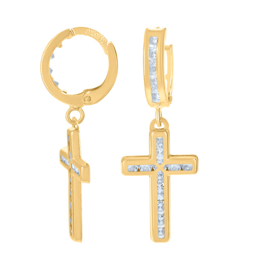 10kt Yellow Gold Cubic-Zirconia Cross Dangle Hoop Earrings