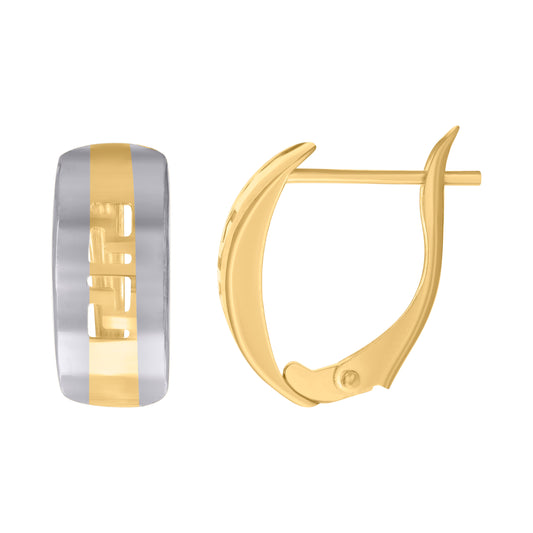 10kt Two-tone Gold Greek Key Diamond-Cut Hoop Earrings