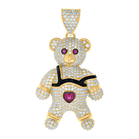 10k Yellow Gold Black-tone Pink White Heart Round CZ Teddy Bear Pendant