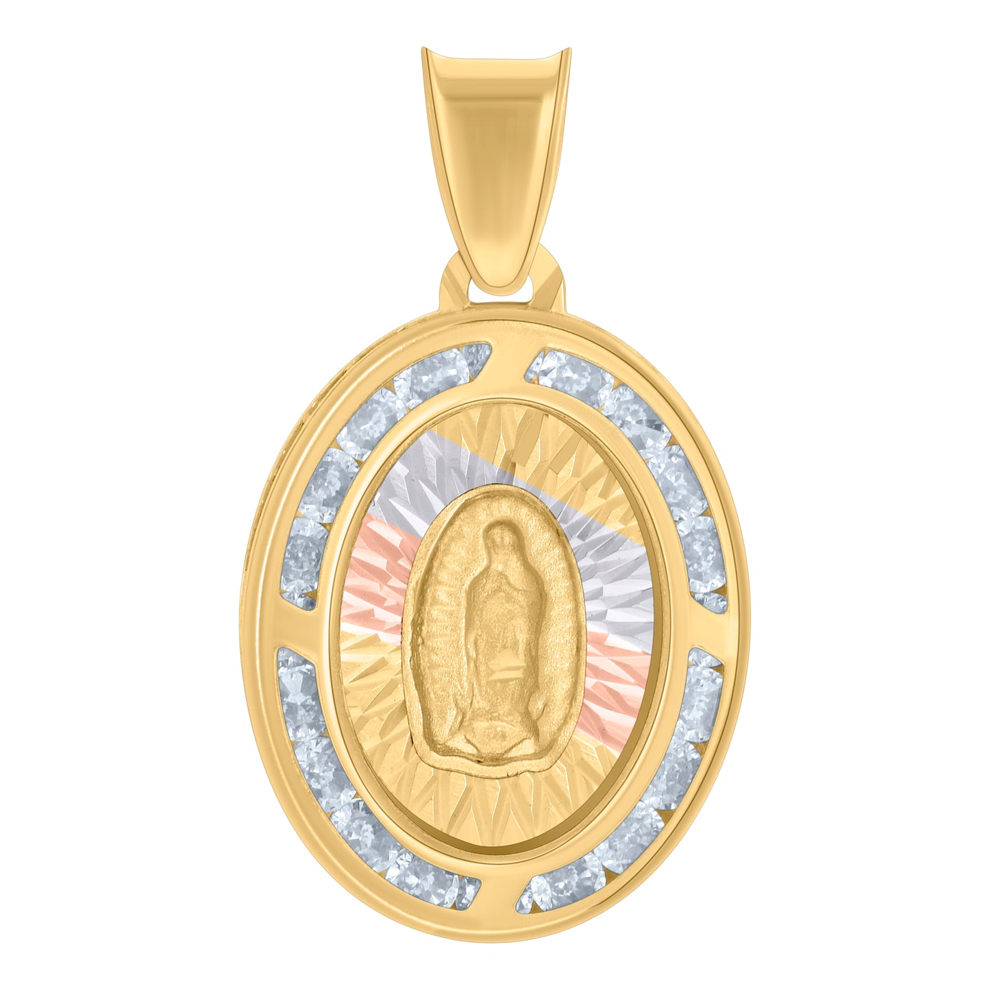 10k Tri-Color Gold Cubic-Zirconia Oval Medallion Guadalupe Religious Pendant