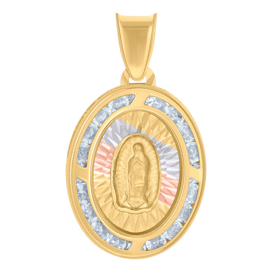 10k Tri-Color Gold Cubic-Zirconia Oval Medallion Guadalupe Religious Pendant