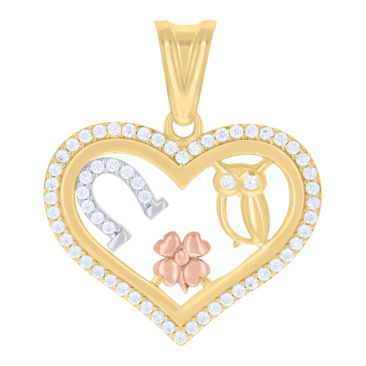 10k Tri-Color Gold Cubic-Zirconia Owl Horseshoe Clover Heart Good Luck Pendant