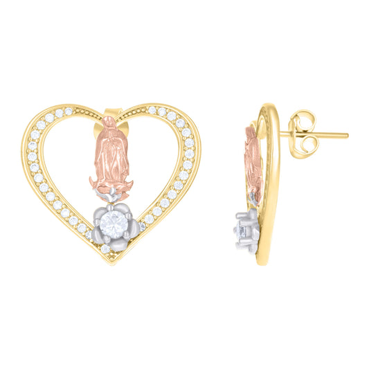 10kt Tri-Color Gold Cubic-Zirconia Heart Guadalupe Religious Stud Earrings