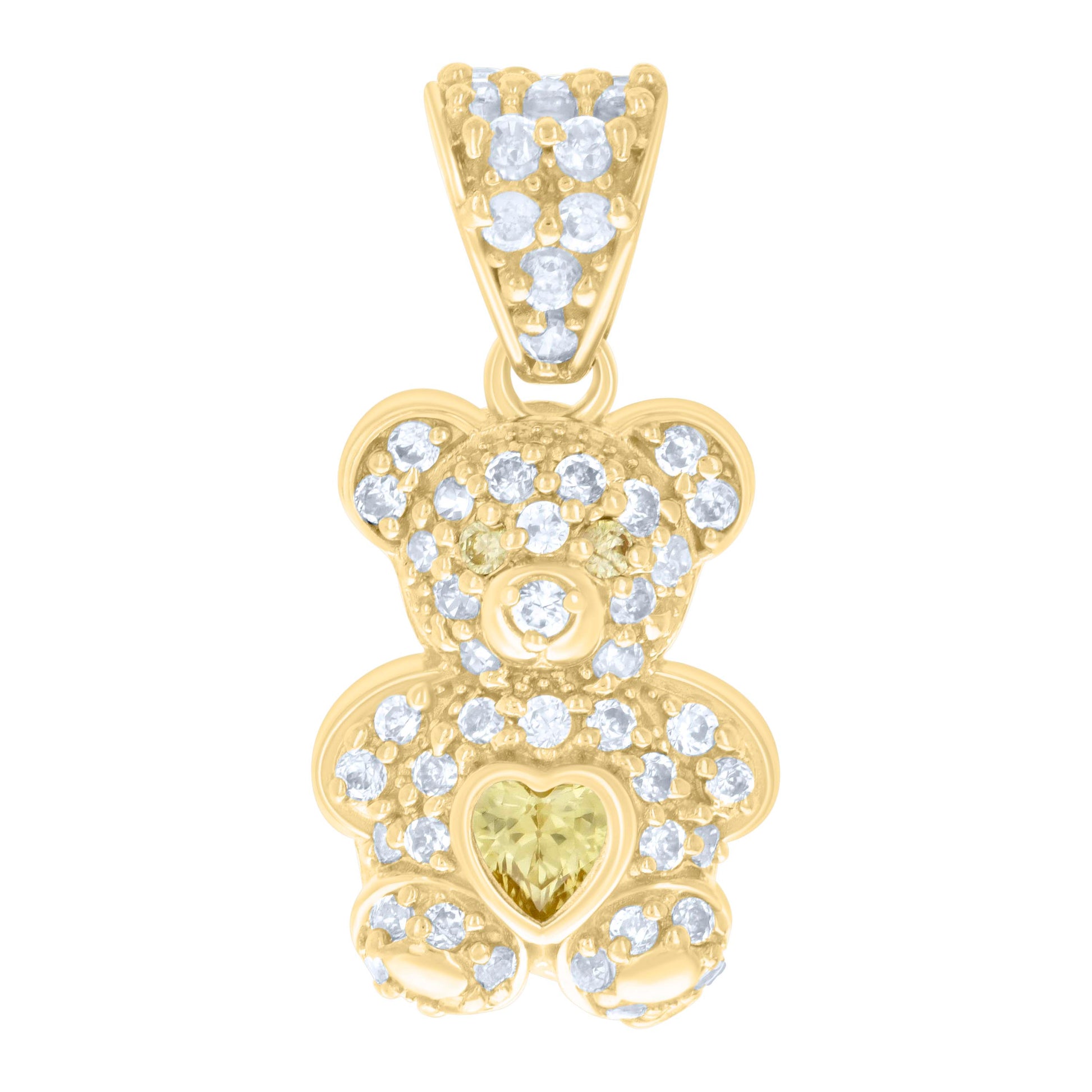 10k Yellow Gold Yellow White Heart Round Cubic-Zirconia Teddy Bear Charm Pendant