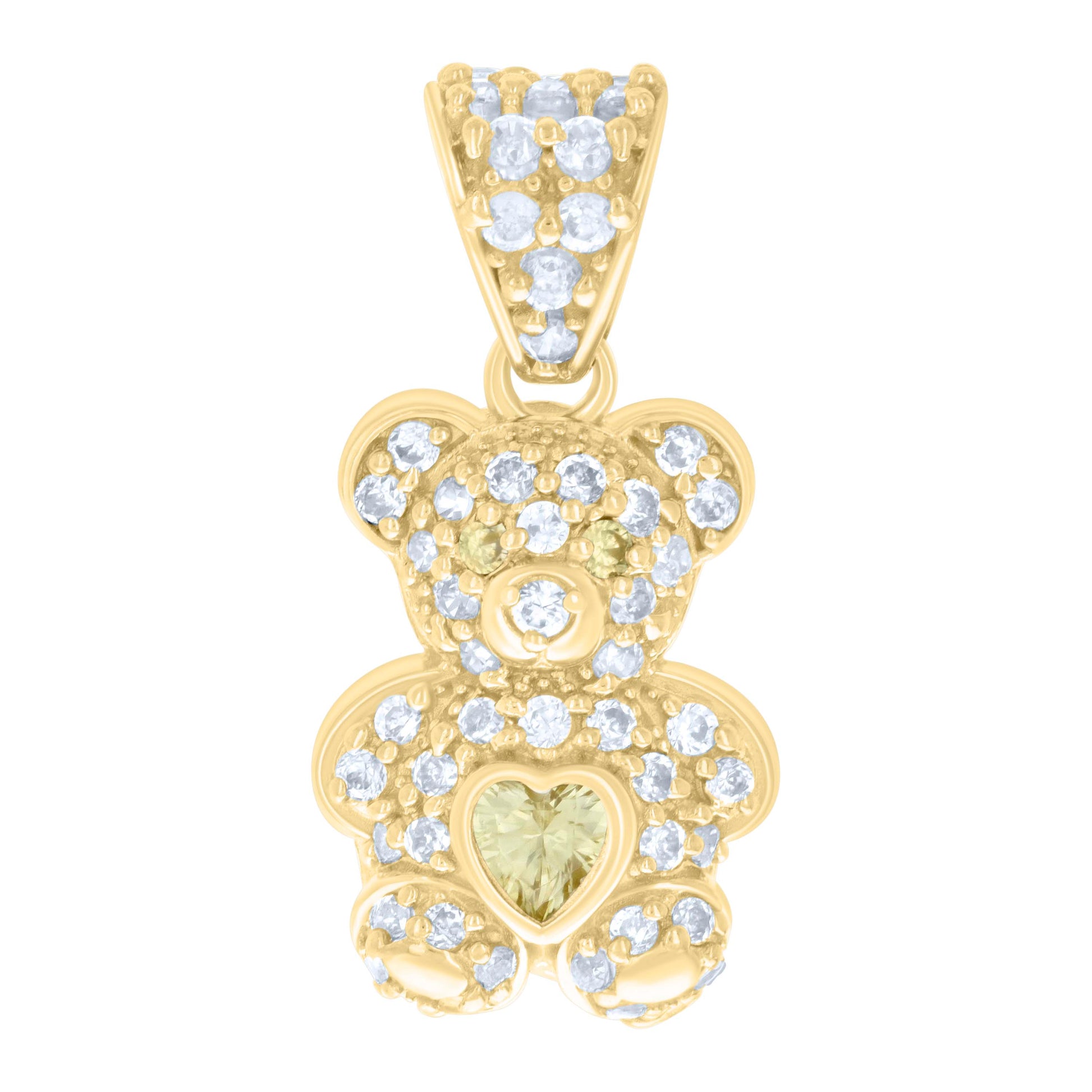 10k Yellow Gold Yellow White Heart Round Cubic-Zirconia Teddy Bear Charm Pendant