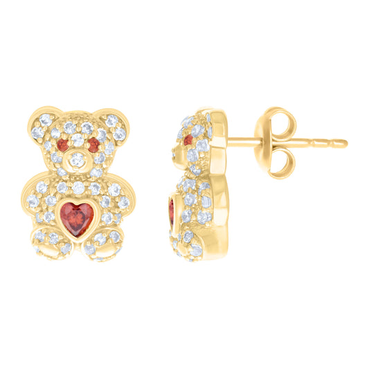 10k Yellow Gold Heart Cubic-Zirconia January Birthstone Teddy Bear Stud Earrings