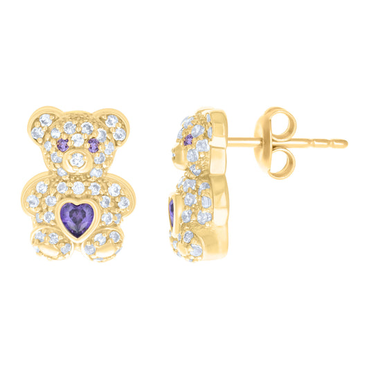 10kt Yellow Gold Heart Cubic-Zirconia Teddy Bear Stud Earrings