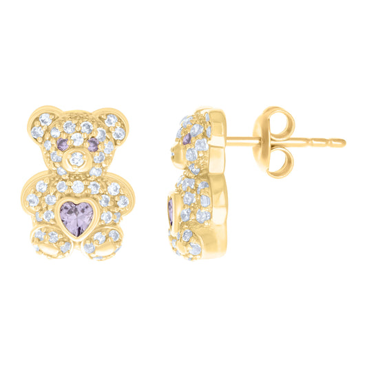 10kt Yellow Gold Heart Cubic-Zirconia March Birthstone Teddy Bear Stud Earrings