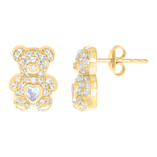 10kt Yellow Gold Heart Cubic-Zirconia April Birthstone Teddy Bear Stud Earrings