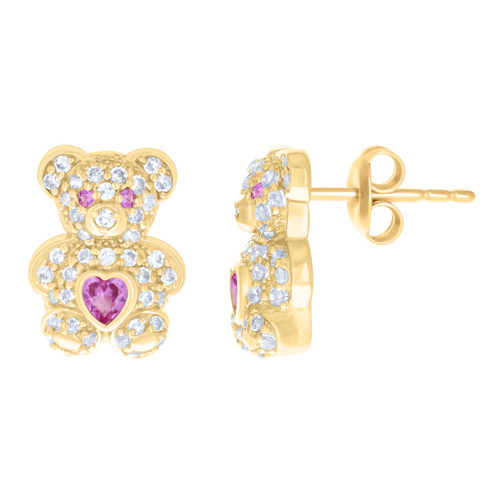 10k Yellow Gold Heart Cubic-Zirconia October Birthstone Teddy Bear Stud Earrings