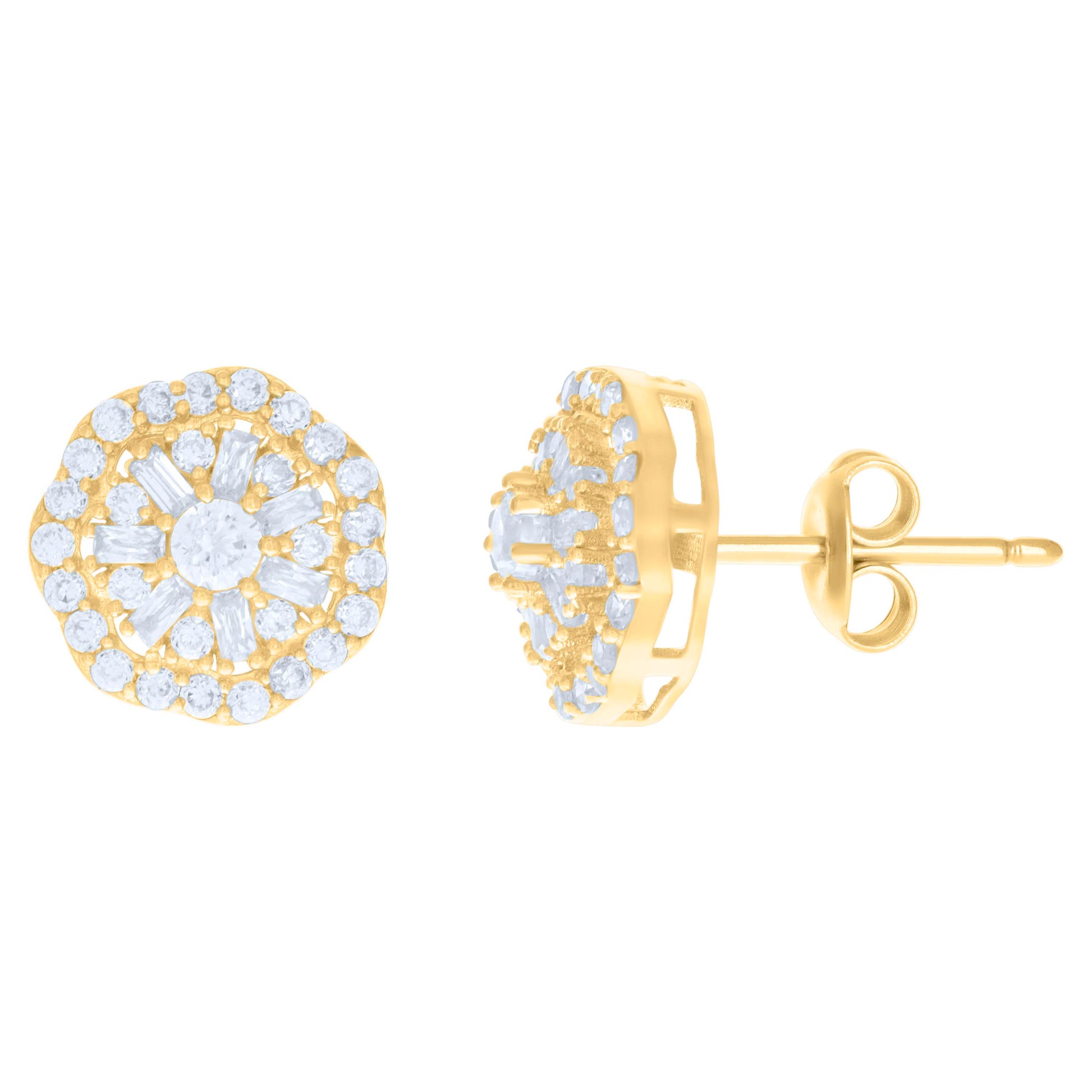 10kt Yellow Gold Baguette Round Cubic-Zirconia Octagon Fashion Stud Earrings