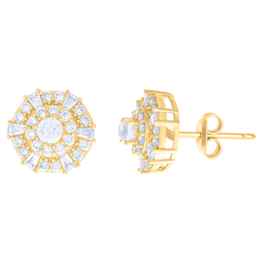 10kt Yellow Gold Baguette Round Cubic-Zirconia Fashion Stud Earrings