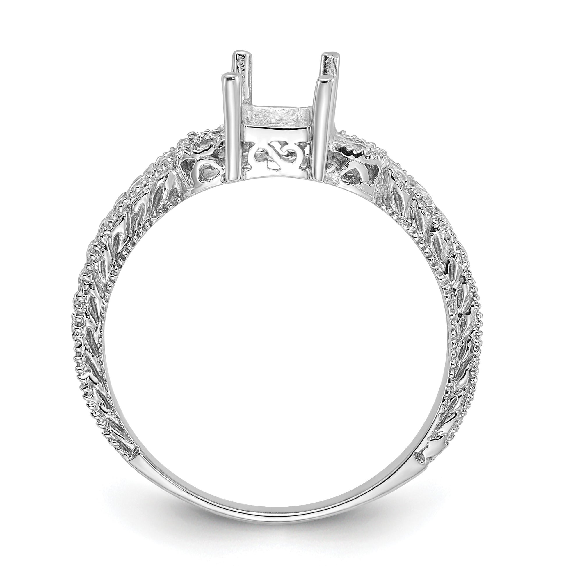 14k White Gold Holds 4-1.3mm Round and 1-7x5 Emerald-cut Gemstone Ring Mounting