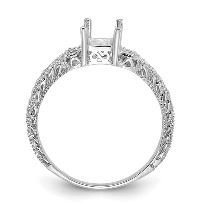 14k White Gold Holds 4-1.3mm Round and 1-7x5 Emerald-cut Gemstone Ring Mounting