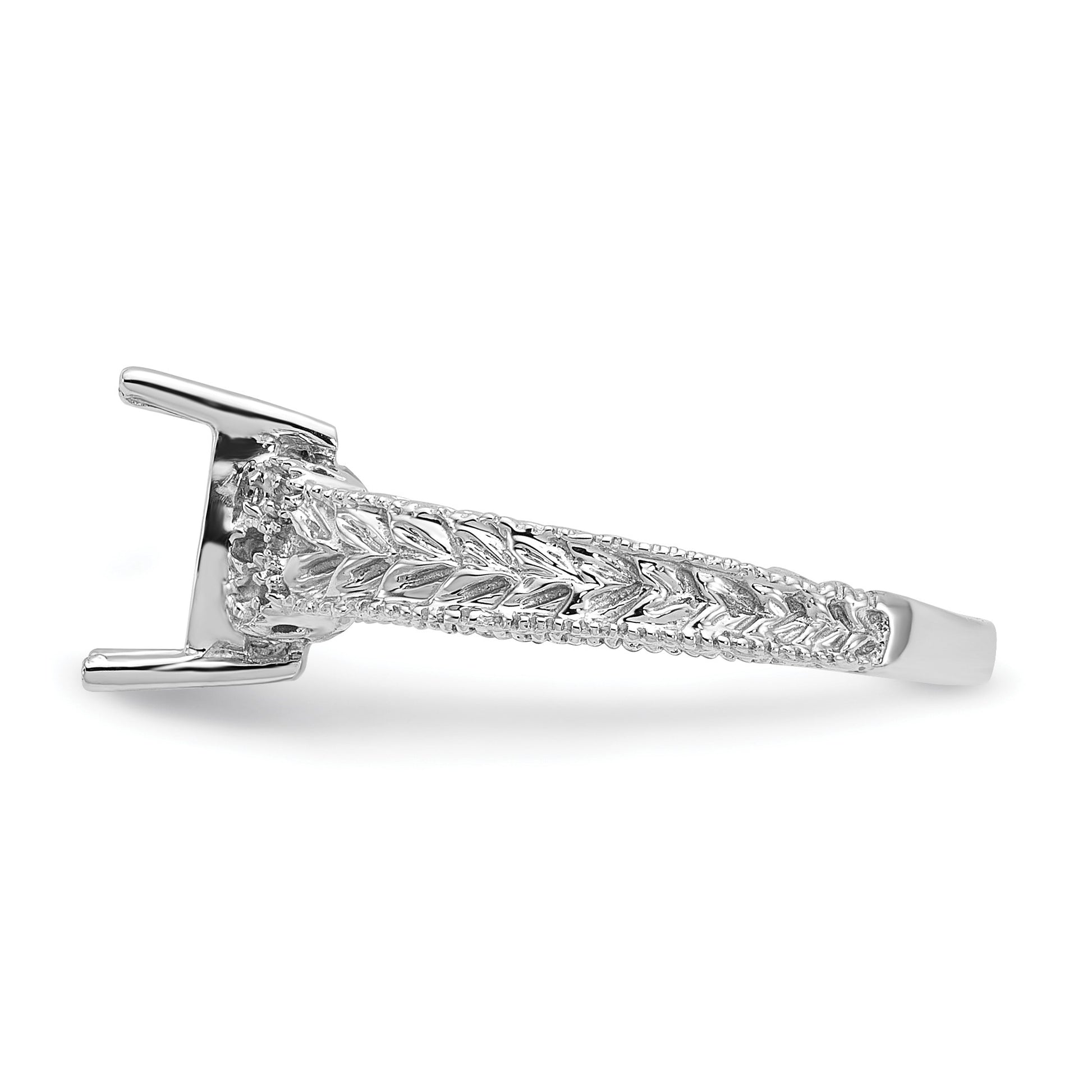 14k White Gold Holds 4-1.3mm Round and 1-7x5 Emerald-cut Gemstone Ring Mounting