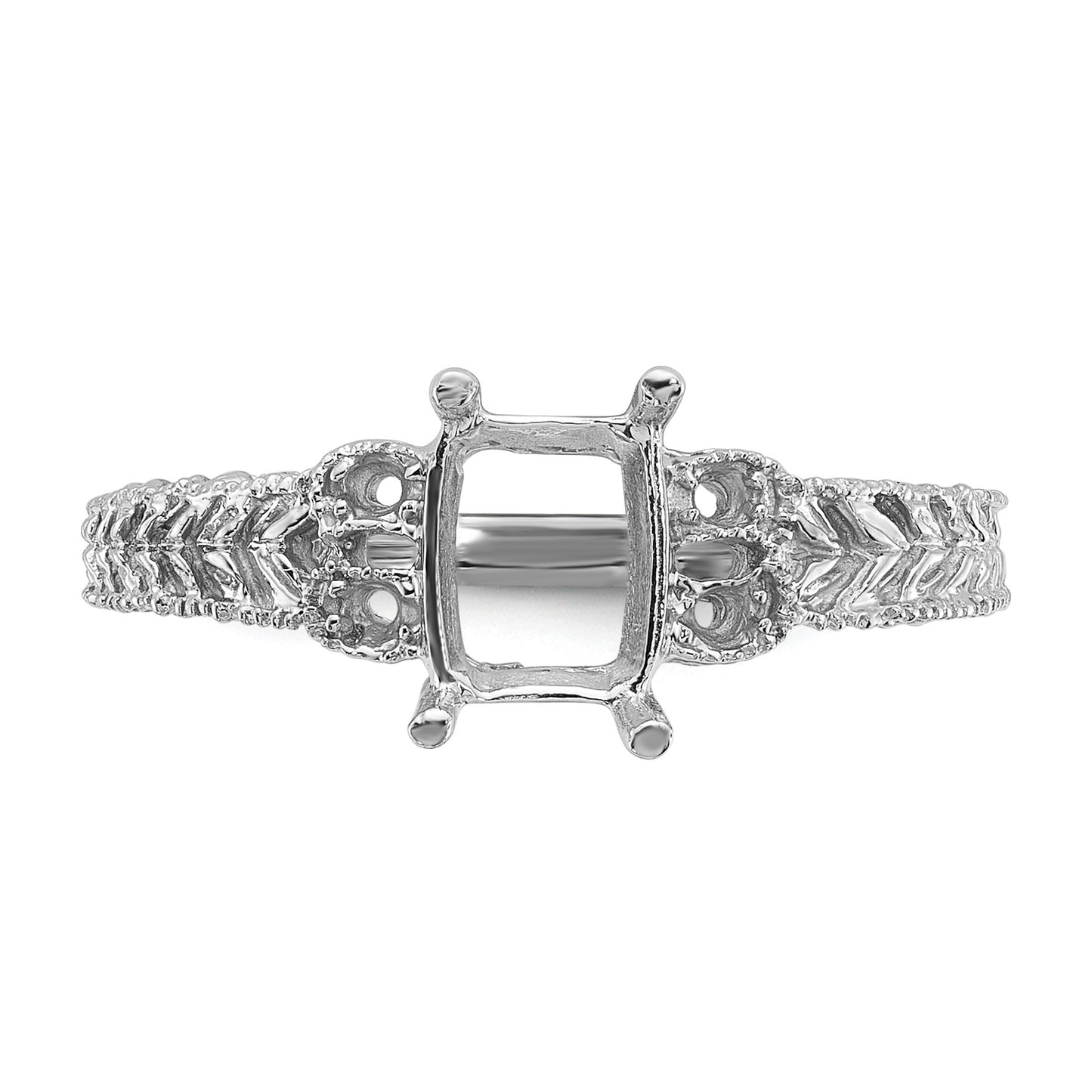14k White Gold Holds 4-1.3mm Round and 1-7x5 Emerald-cut Gemstone Ring Mounting