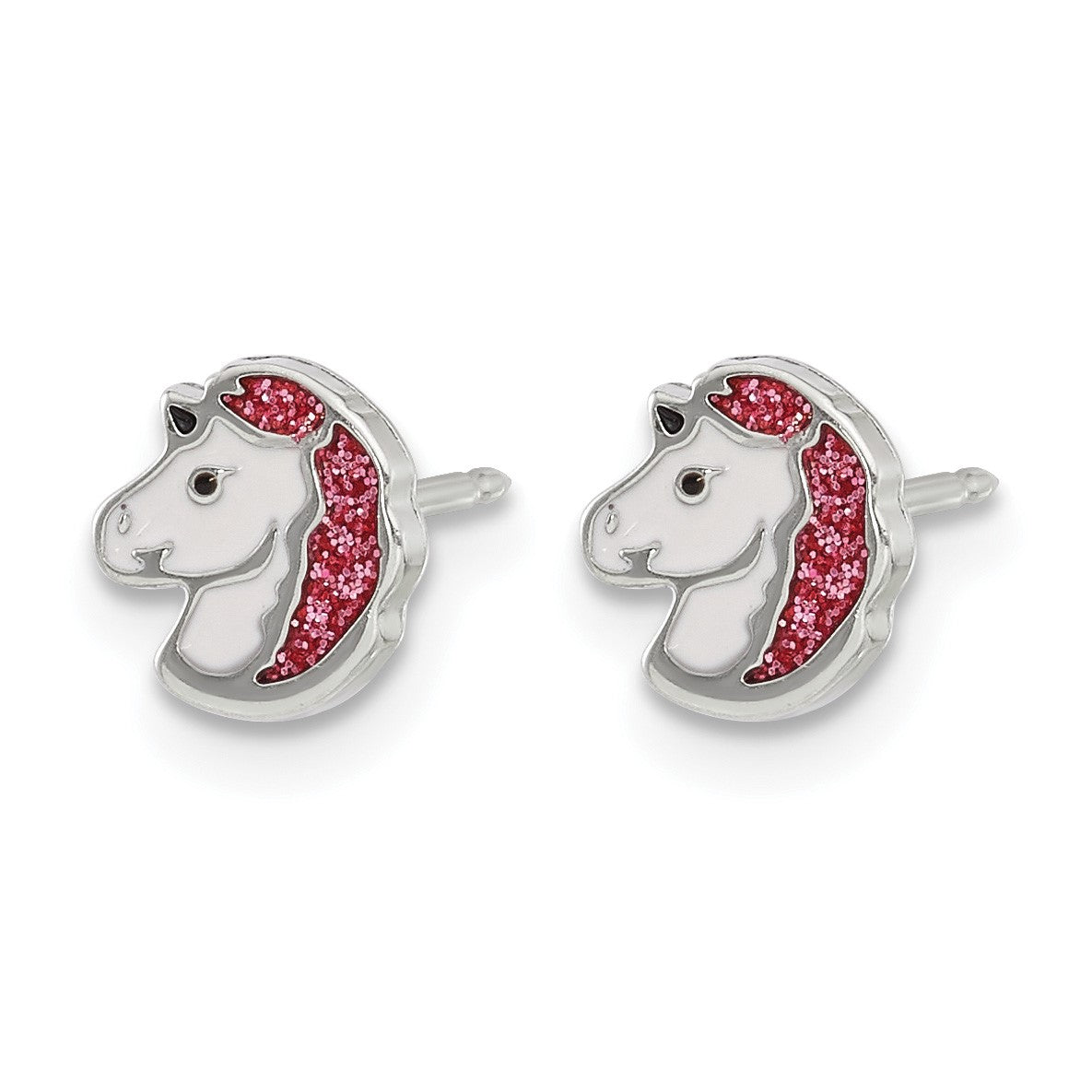 Inverness Stainless Steel White and Pink Glitter Enamel Unicorn Post Piercing Earrings