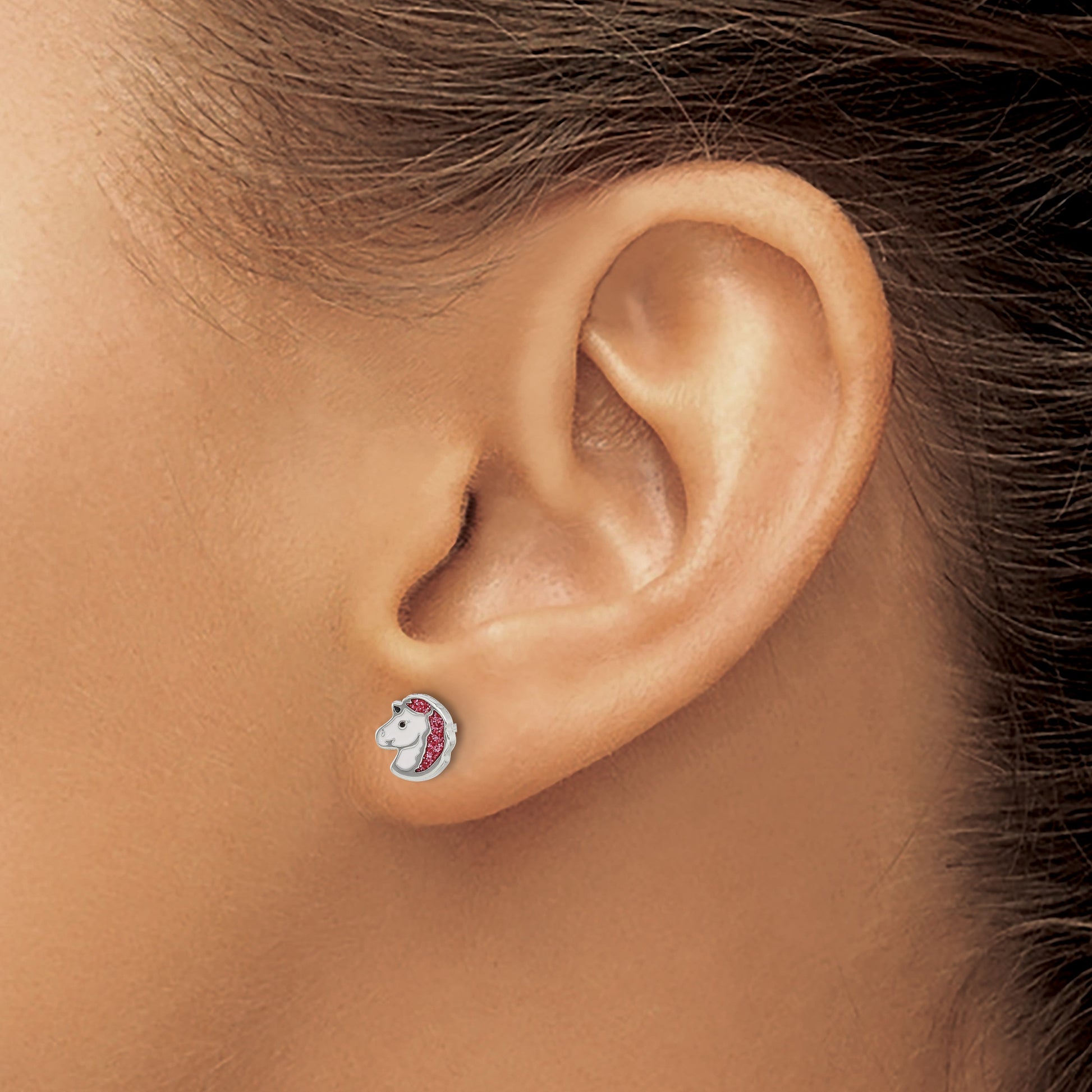 Inverness Stainless Steel White and Pink Glitter Enamel Unicorn Post Piercing Earrings