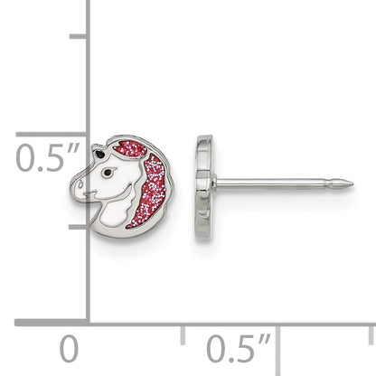 Inverness Stainless Steel White and Pink Glitter Enamel Unicorn Post Piercing Earrings