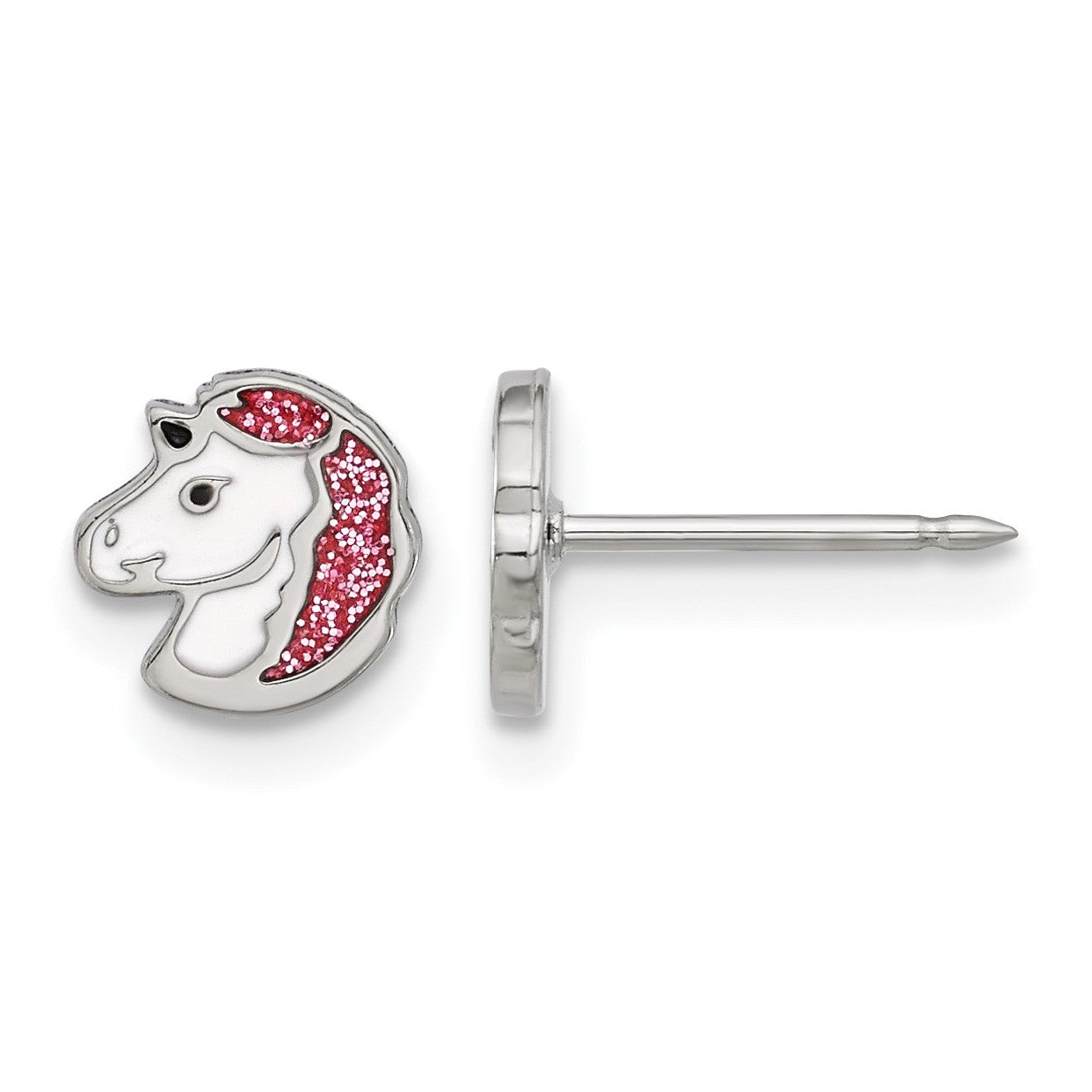 Inverness Stainless Steel White and Pink Glitter Enamel Unicorn Post Piercing Earrings