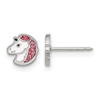 Inverness Stainless Steel White and Pink Glitter Enamel Unicorn Post Piercing Earrings