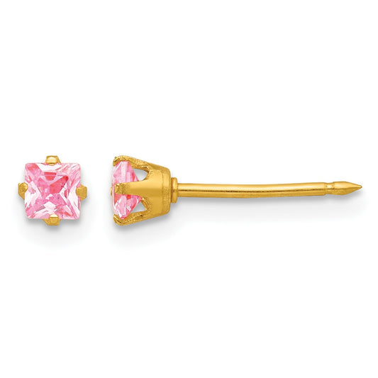 Inverness 14k 3mm Square Pink CZ Post Piercing Earrings