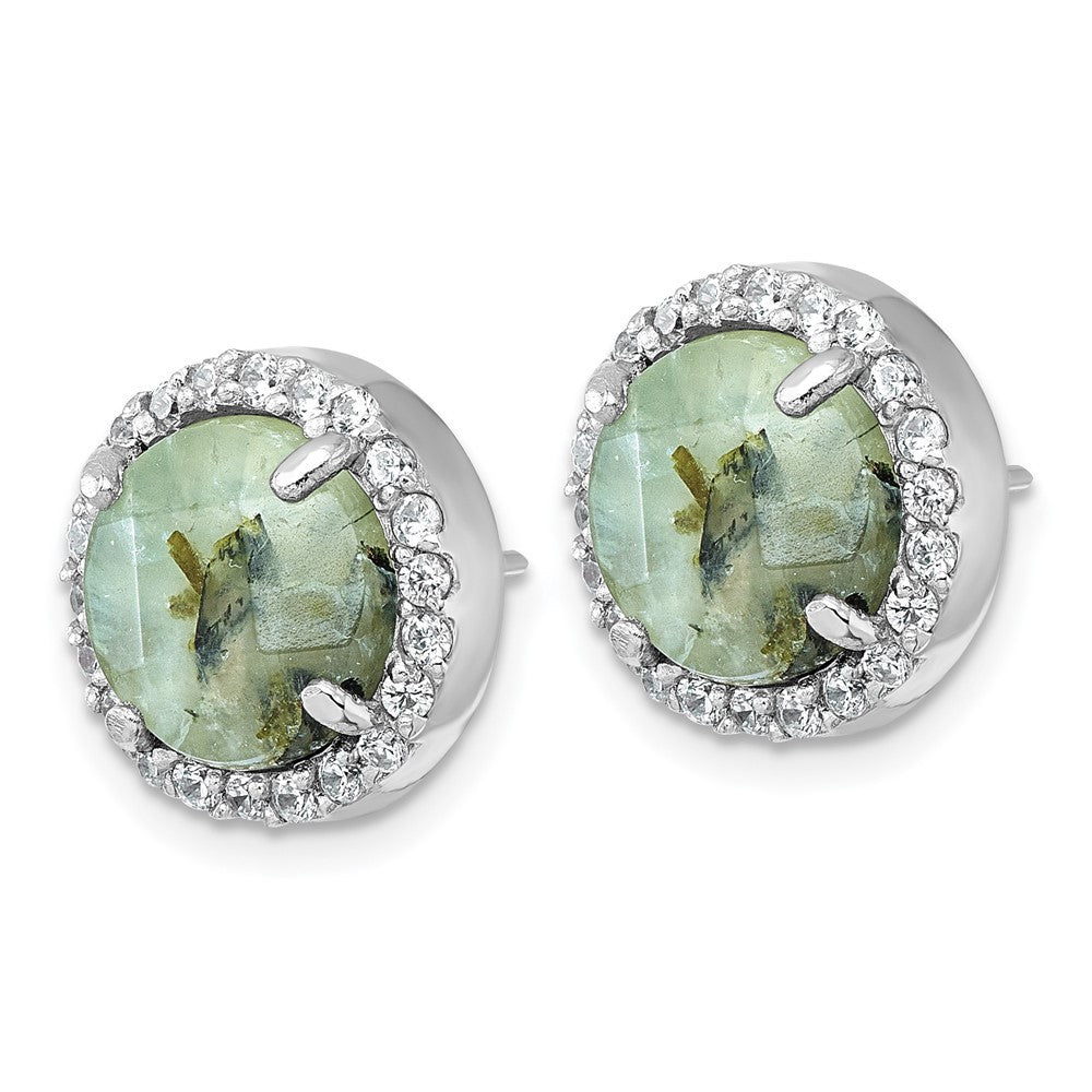 Sterling Silver Polished CZ Halo and Faceted Prehnite Circle Earrings