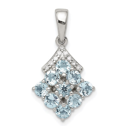Sterling Silver Rhodium Plated Diamond & Aquamarine Pendant