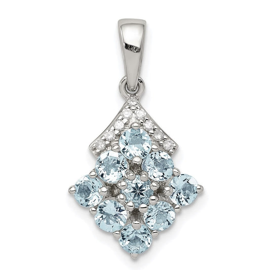Sterling Silver Rhodium Plated Diamond & Aquamarine Pendant