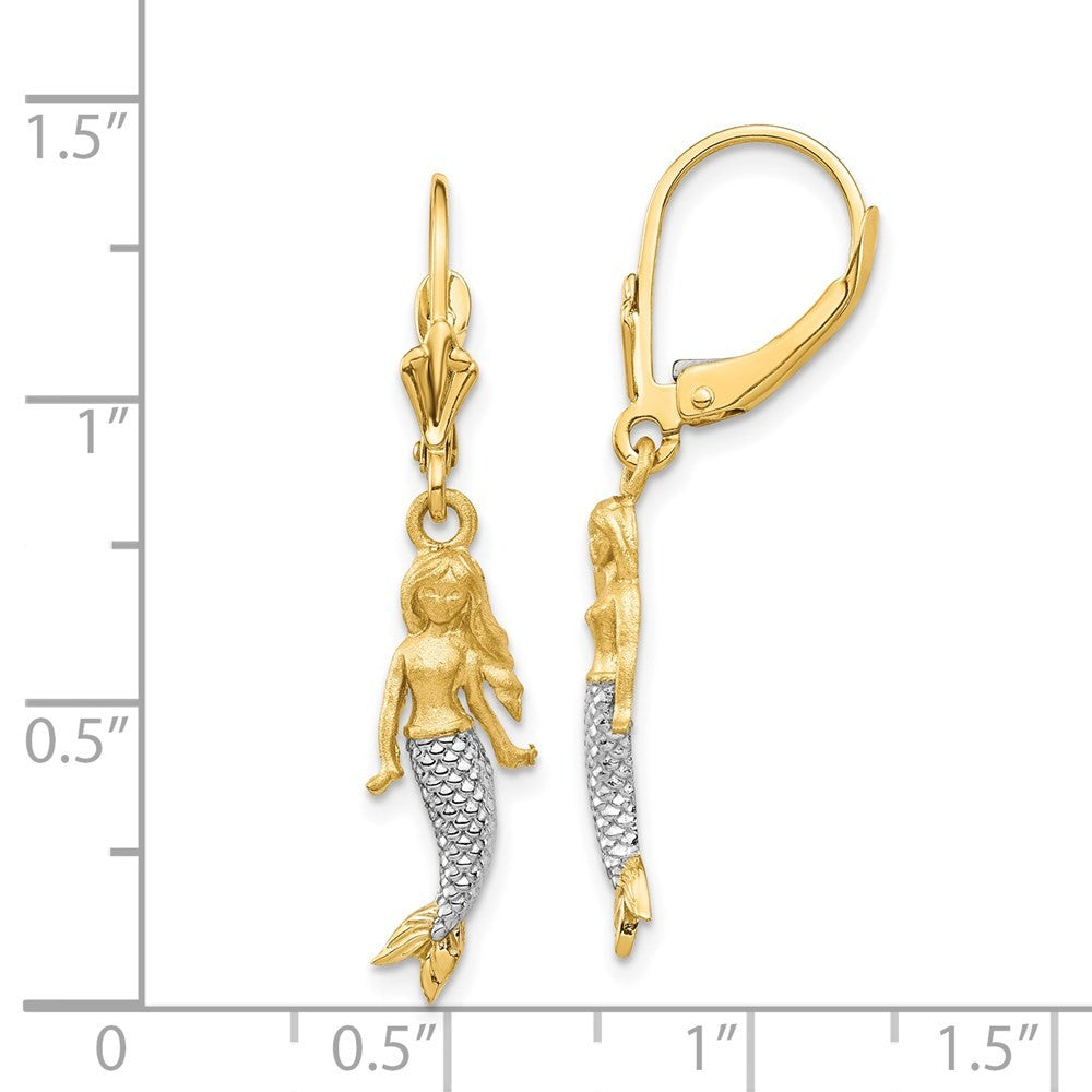 14k Yellow Gold and White Rhodium Brushed & Polished Mermaid Earrings