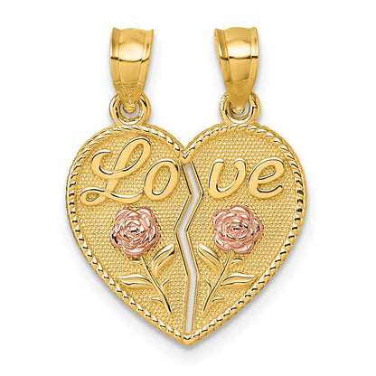 14k Two-tone Gold Break Apart Heart With Love And Roses Pendant
