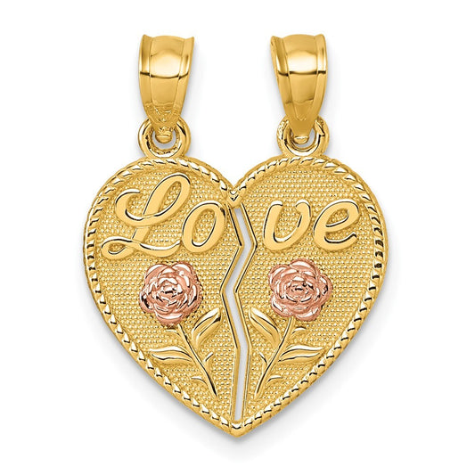 14k Two-tone Gold Break Apart Heart With Love And Roses Pendant