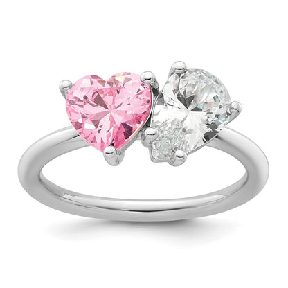 Sterling Silver Rhodium-plated  Heart Pink and Pear-shaped White CZ Size 7 Ring
