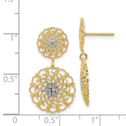 14k Yellow Gold w/Rhodium Diamond-Cut Filigree Medallion Drop Earrings